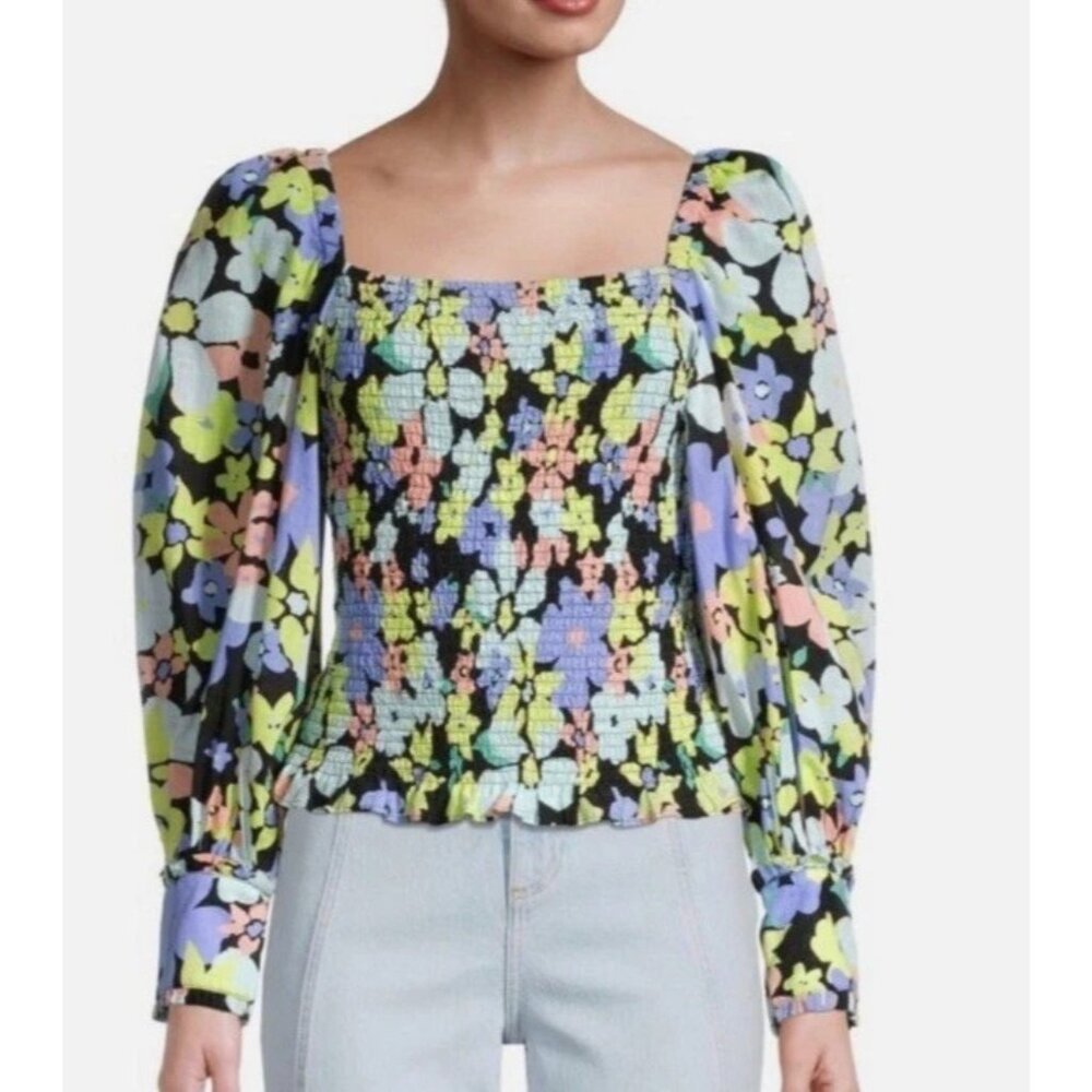 FREE PEOPLE Women S Ariana Multi Floral Print Top Smocked Long Sleeves Boho